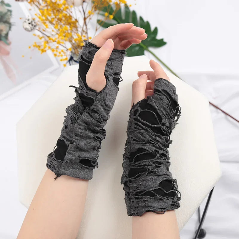 1Pair Broken Slit Gloves Punk Gothic Black Fingerless Unisex Hole Qme