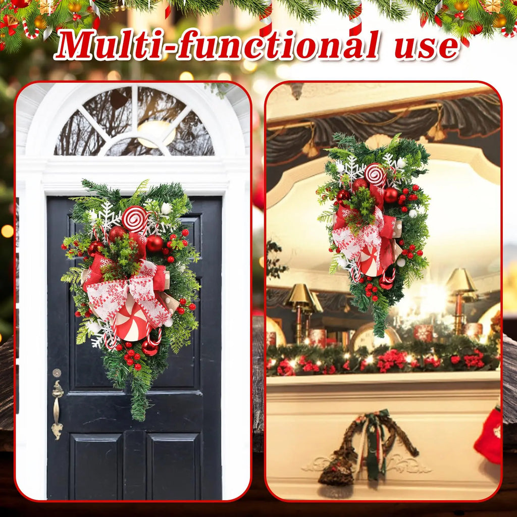 Christmas Candy Cane Wreath for Front Door Red White Xmas Teardrop Swag Decorations Christmas Garland with Ball Bow Ornaments Qme