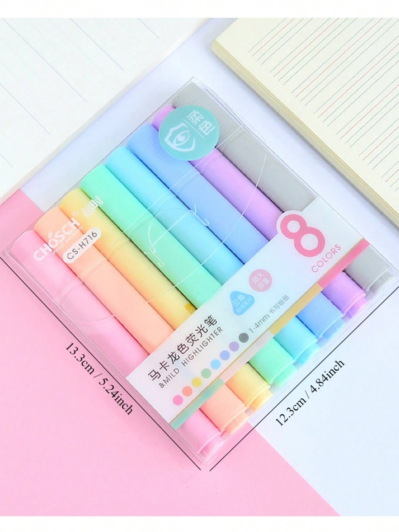 8 Macaron color highlighter pens with slanted head design, eye protection color marker highlighter pens, learning diary supplies Qme