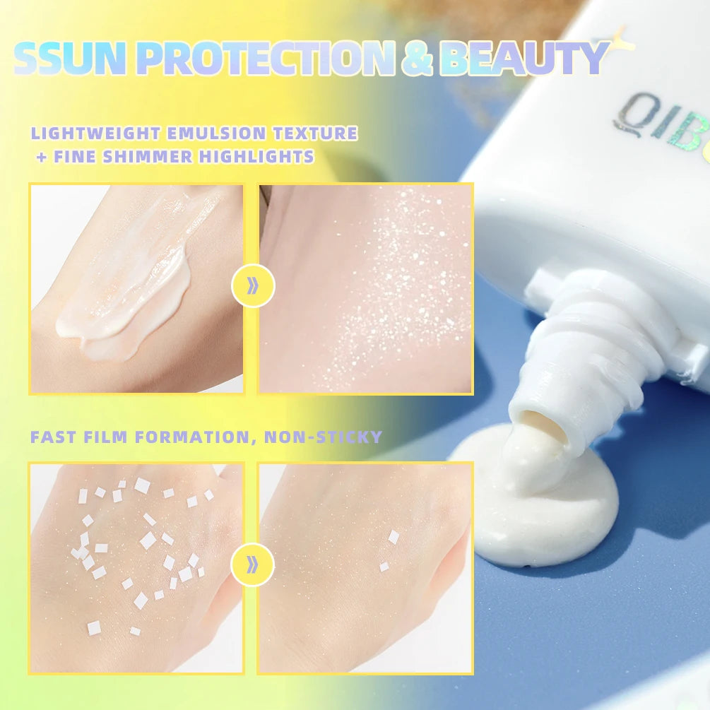 QIBEST 2 In1 Sunscreen Face Lotion UV Protection Highlighting Makeup Sunscreen Shiny Brightening Sun Cream Anti-Aging Skin Care Qme