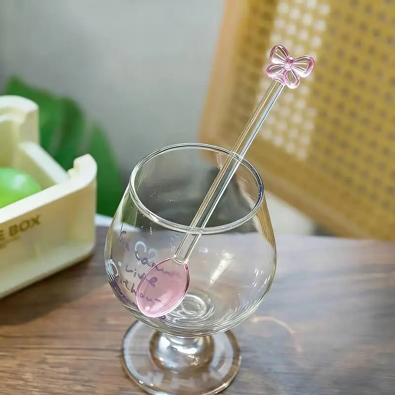 Pink Bow Glass Coffee Spoon, Long-handled Dessert/milk Tea Stirring Spoon, Heat-resistant Teaspoon, Household Kitchen Tool.. Qme