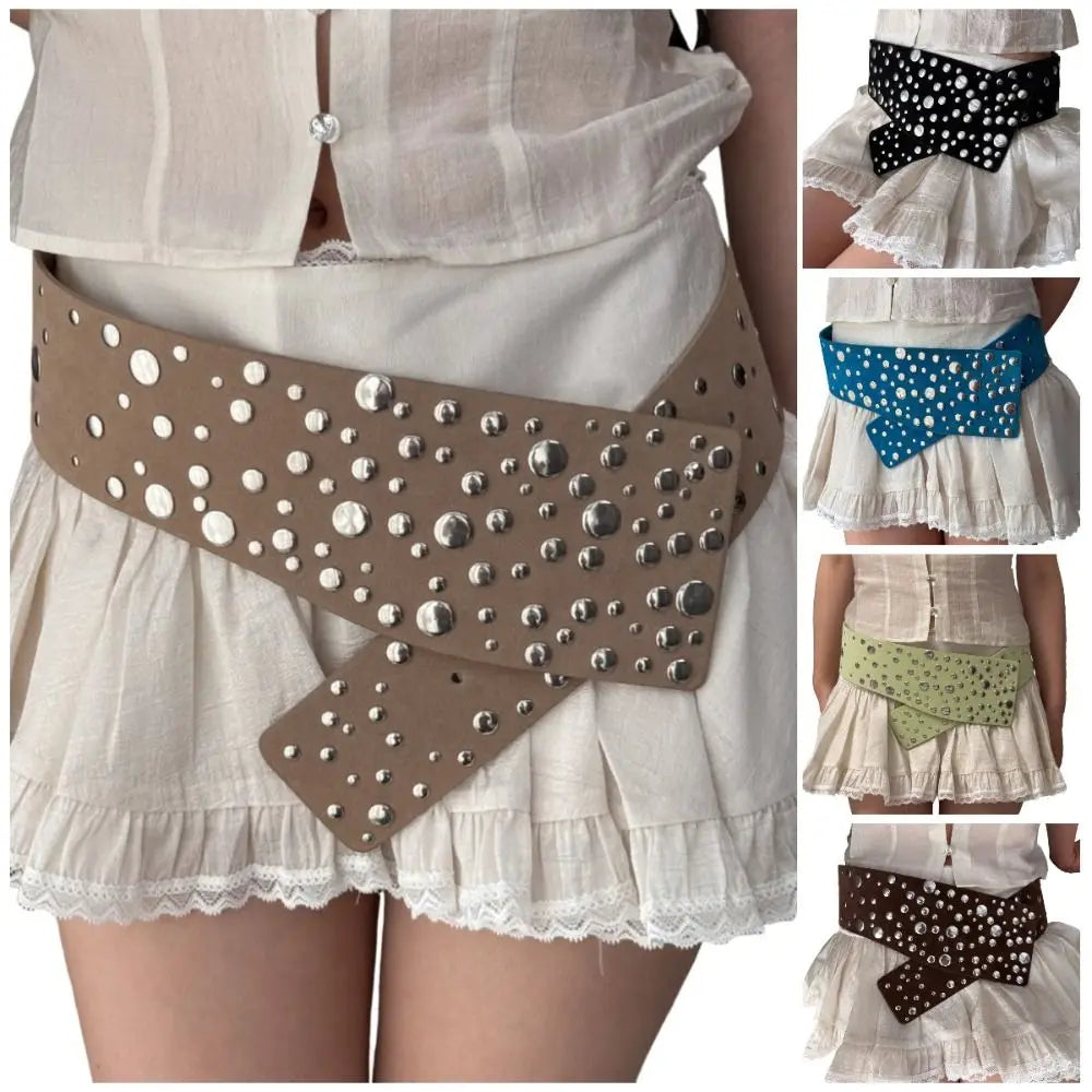 PU Leather Rivets Extra Wide Belt Y2K Exaggerated Studded Wide Waistband Punk Versatile Irregular Decorative Belt Concert Qme