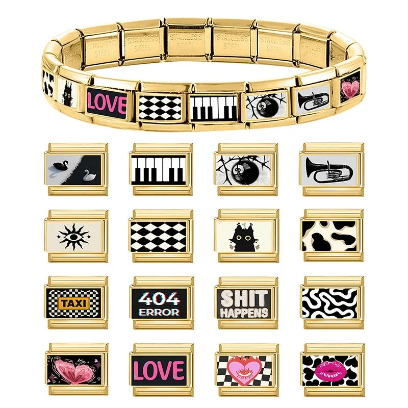 Gold Color Retro Black Trumpet Zebra Cow Piano Italian Charm Link Fit 9mm Stainless Steel Bracelet Women Jewelry DIY Making Gift Qme