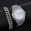 2pcs/set, Rhinestone Studded Calendar Ladies Quartz Watch And 1pc Rhinestone Jewelry Set Qme Silver