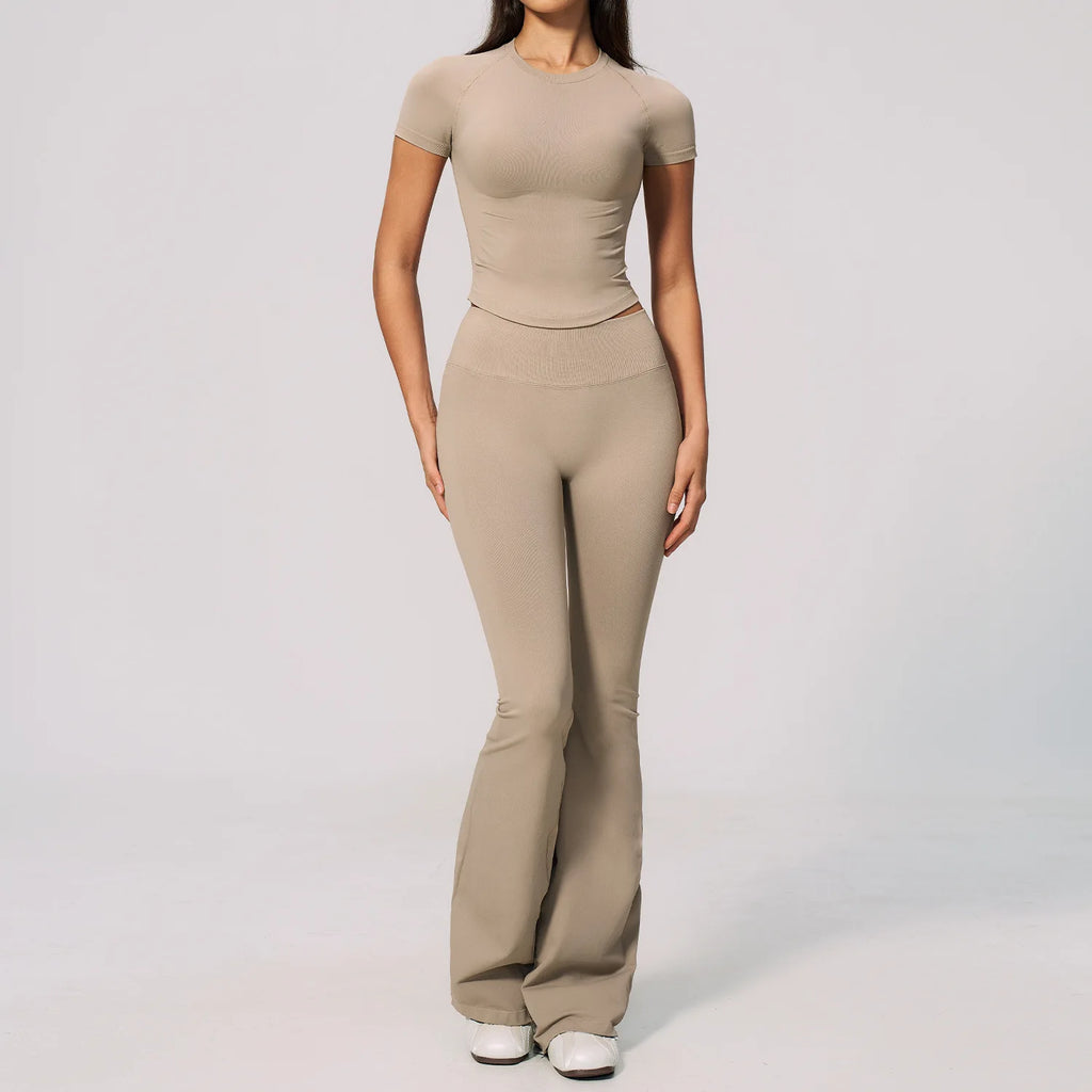 B New 2PCS Women Yoga Workout Suit, Short Sleeve Top with High Waist Flared Pants, Elastic Sportswear for Gym Cycling Fitness Qme