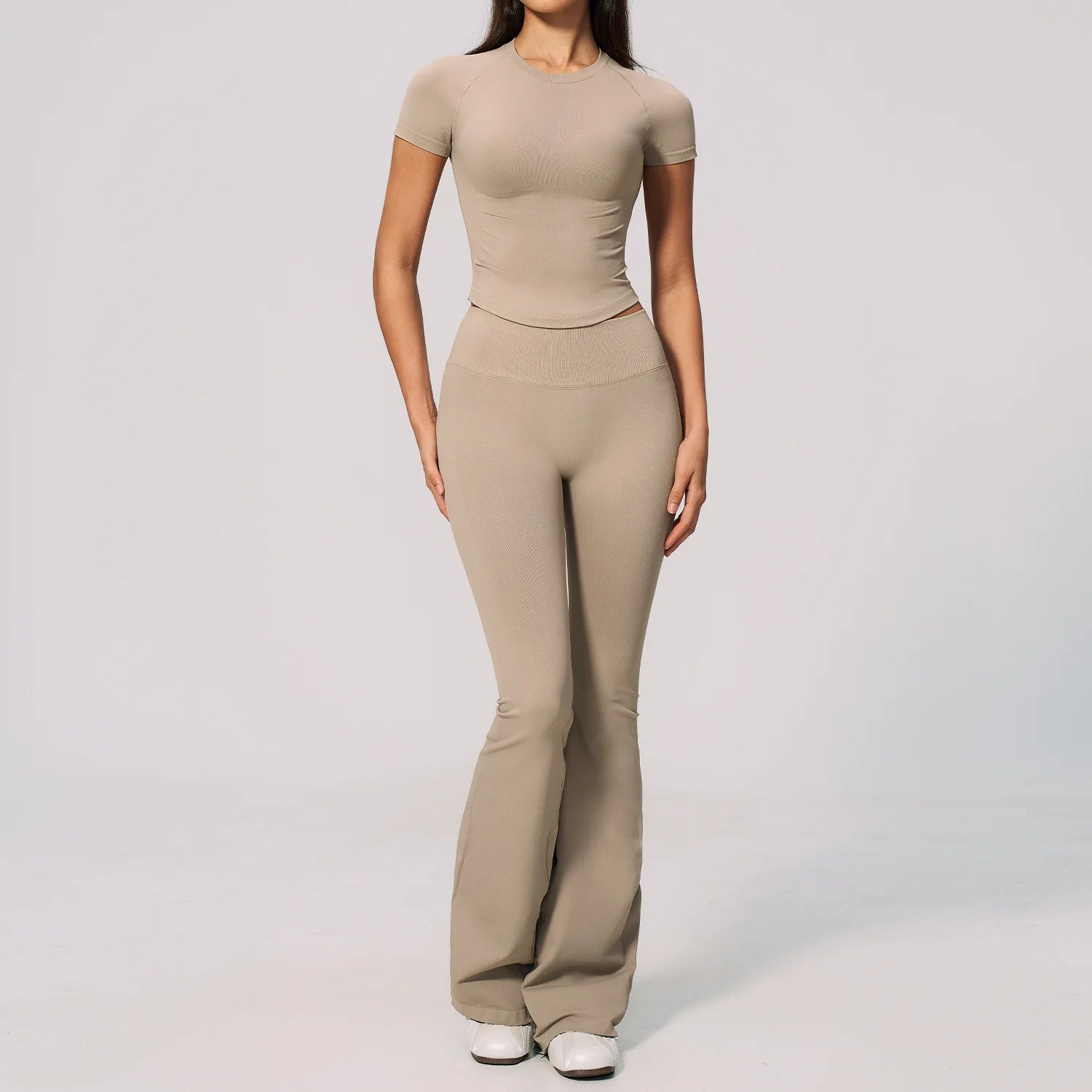 B New 2PCS Women Yoga Workout Suit, Short Sleeve Top with High Waist Flared Pants, Elastic Sportswear for Gym Cycling Fitness Qme