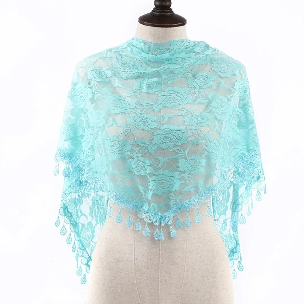 Sun Protection Lace Scarf Colorful Tassel Printed Wraps Hair Qme Lake Blue