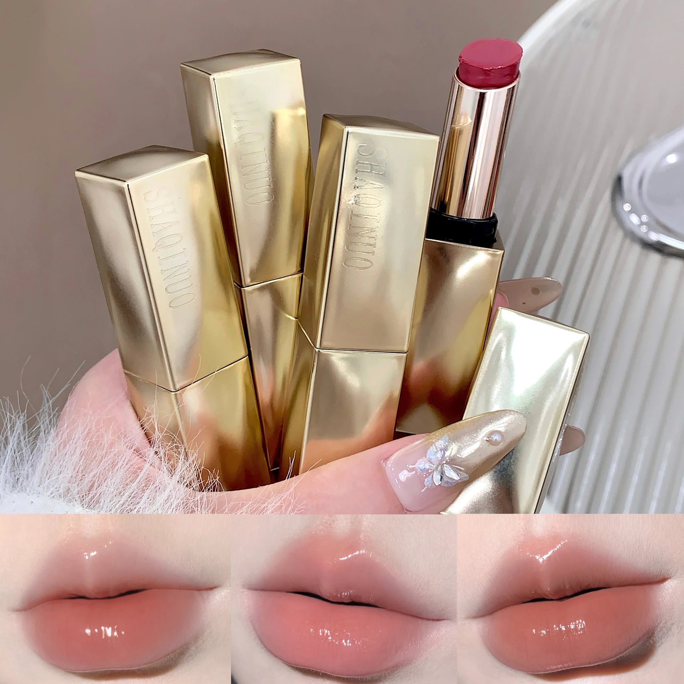 SHAQINUO Solid Lip Gloss Silky Glossy Luxurious Gold Lipstick Qme