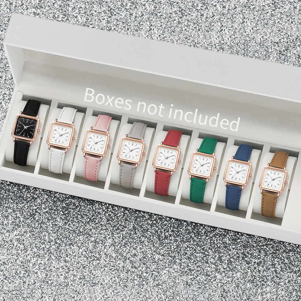 8PCS/Set Fashion Women's Watches Square Quartz Watch Casual Leather Band Wristwatches (Without Box） Qme 8PCS Set Without Box