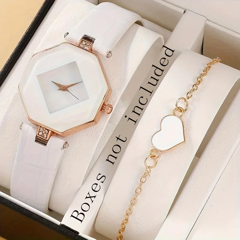 Women's Polygon Quartz Watch Pointer Quartz Watch Analog PU Leather Wrist Watch & Heart Bracelet Gift For Her Qme White set