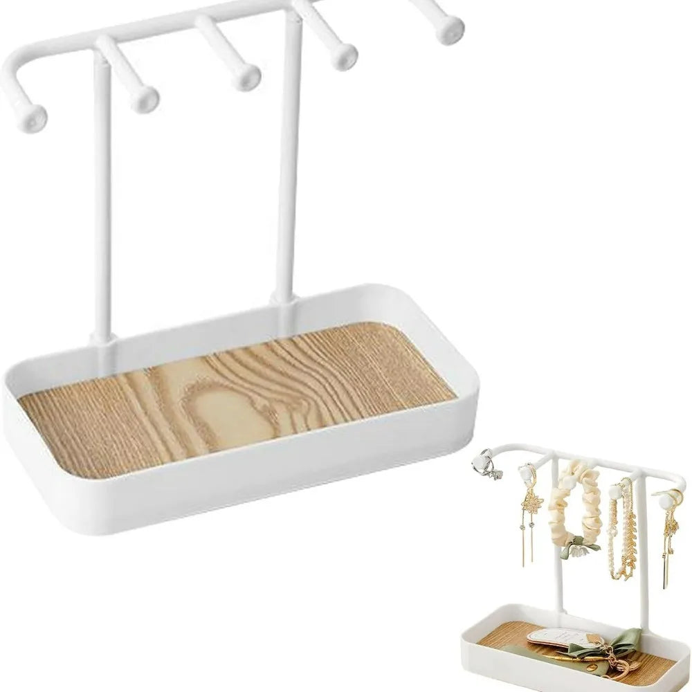 Jewelry Organizer Stand with Tray & Frame - Multi-Tiered Necklace Holder with Hanging Hooks, Earrings Display Rack, Bracelet Qme