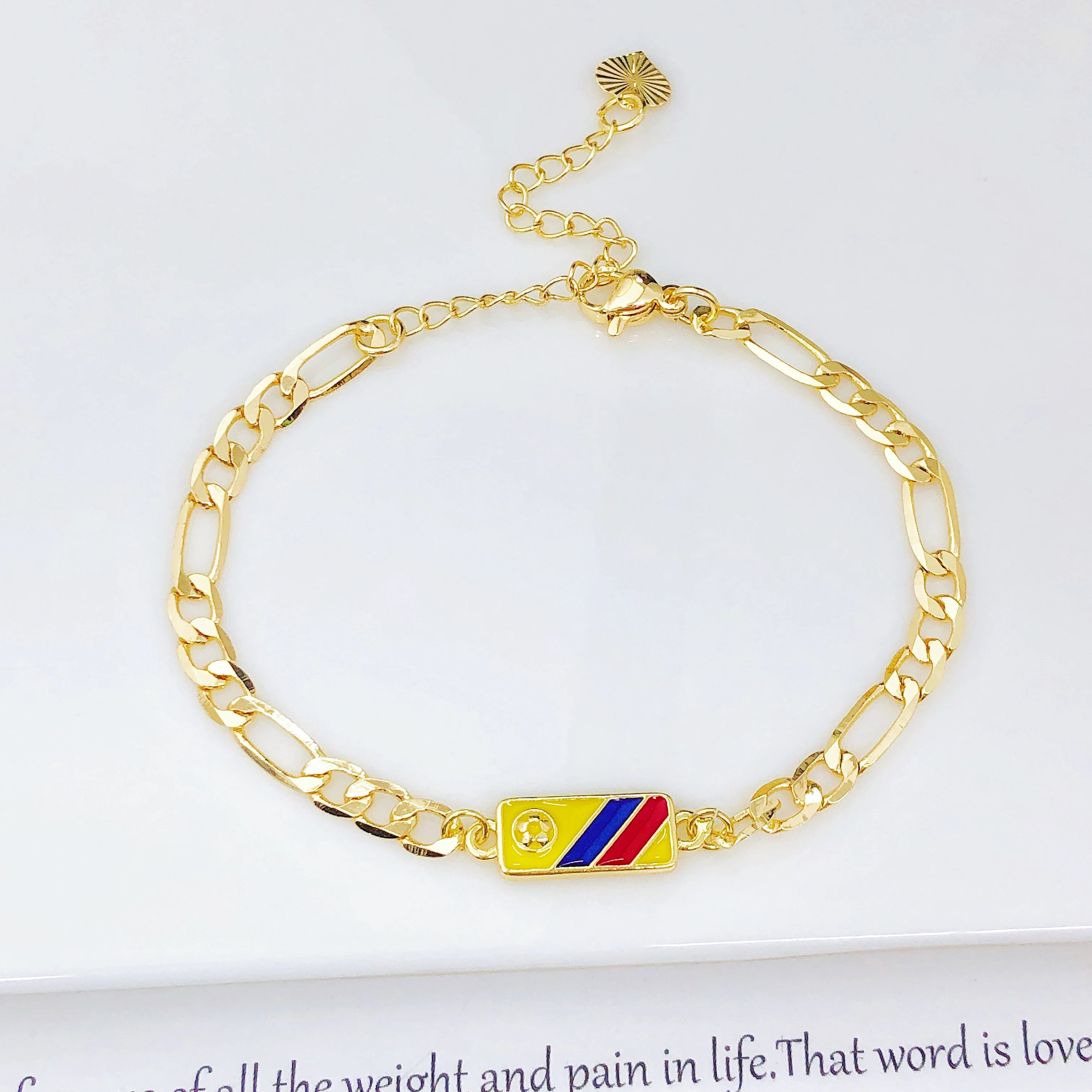 Adjustable Enamel Art Gold Plated Venezuela Colombia Flag Figaro Chain Bracelet for Men Women Holiday Anniversary Jewelry Gift Qme 1