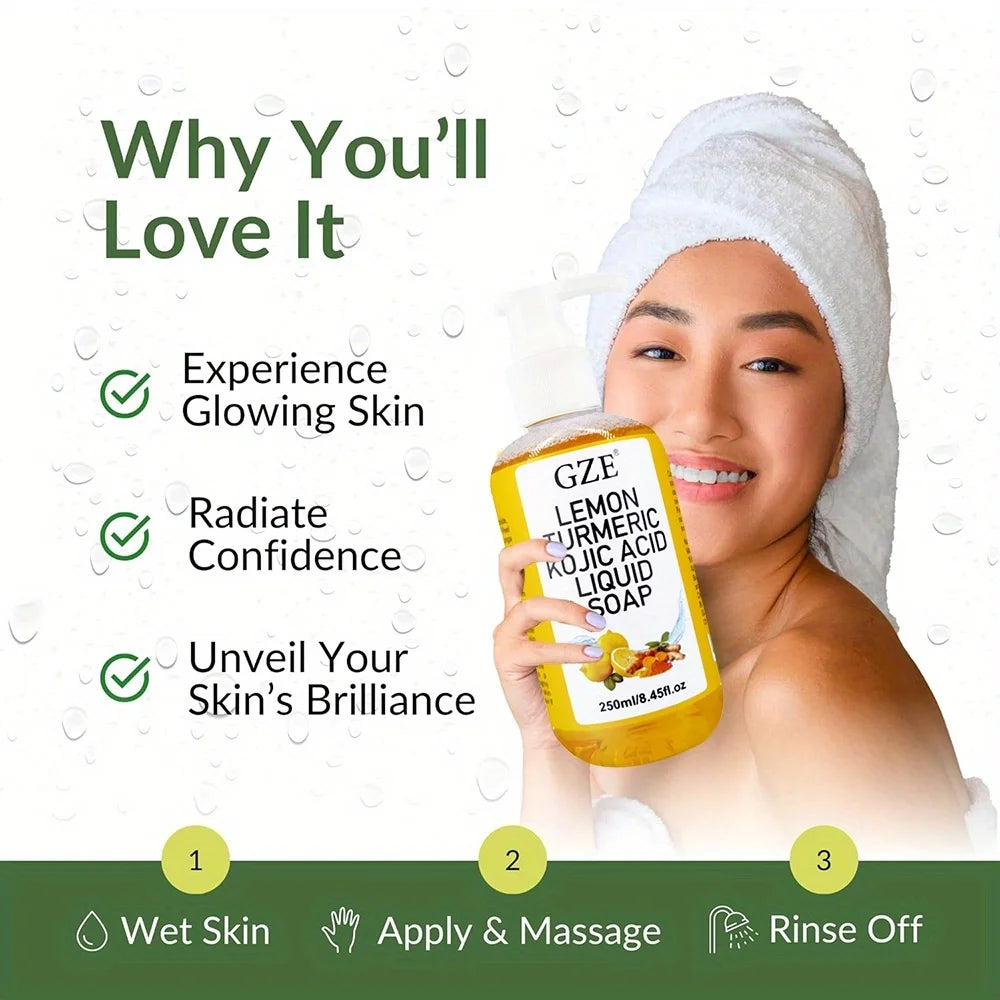 GZE Glow Lemon Turmeric Kojic Acid Liquid Soap - Gentle Exfoliating, Brightening, and Nourishing Skin Cleanser with Turmeric Qme