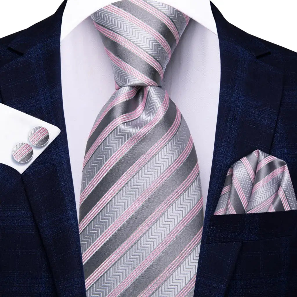 Hi-tie Men Fashion Striped Navy Blue Necktie Handkerchief Cufflinks Qme 3849
