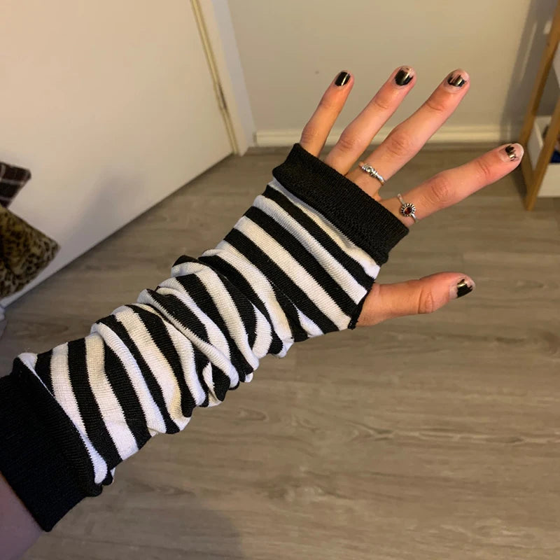 Women Fashion Lady Striped Elbow Gloves Warmer Knitted Long Qme