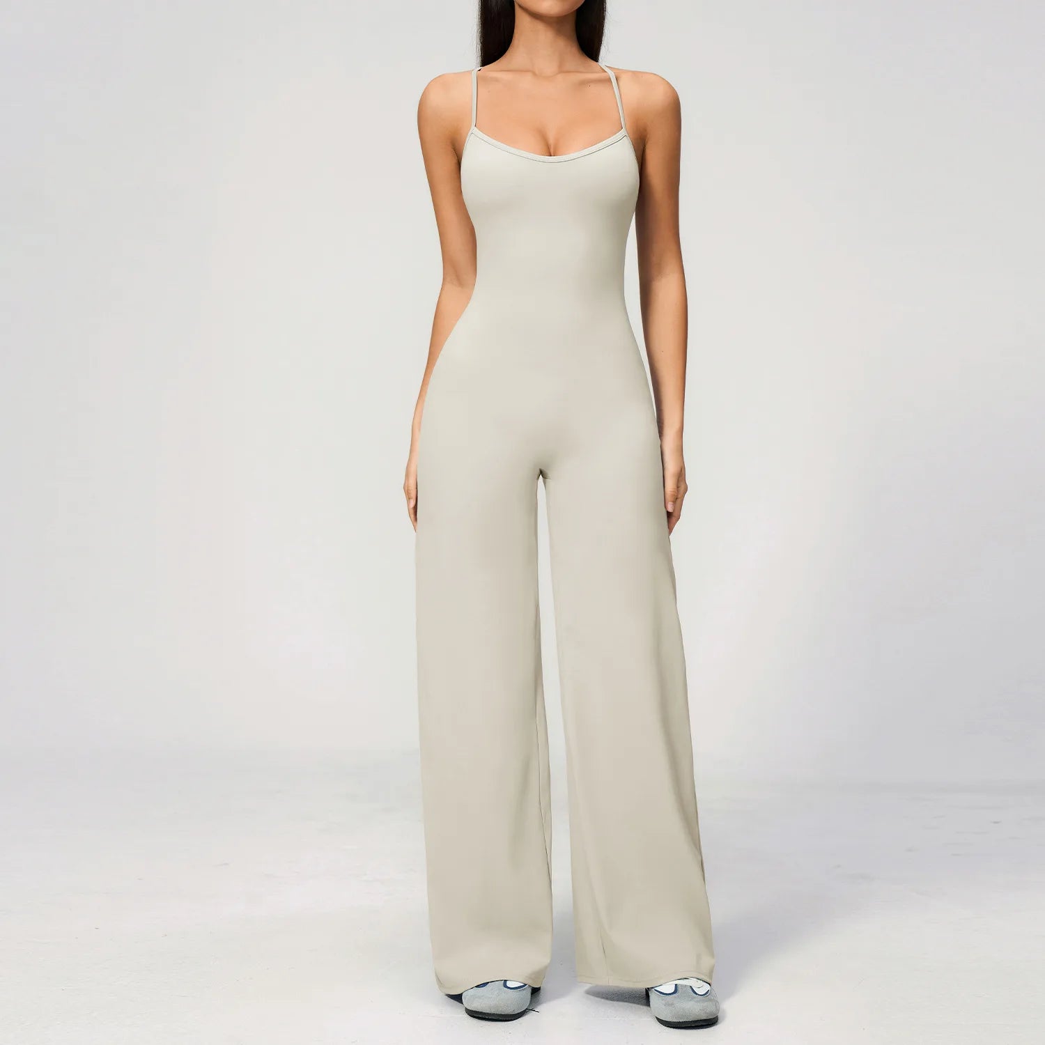 B New Summer Women Sleeveless Yoga Jumpsuit Female Gym Wide-Leg Pants Neck-hanging Backless Sportswear Sport Outfit For Woman Qme Grey apricot S