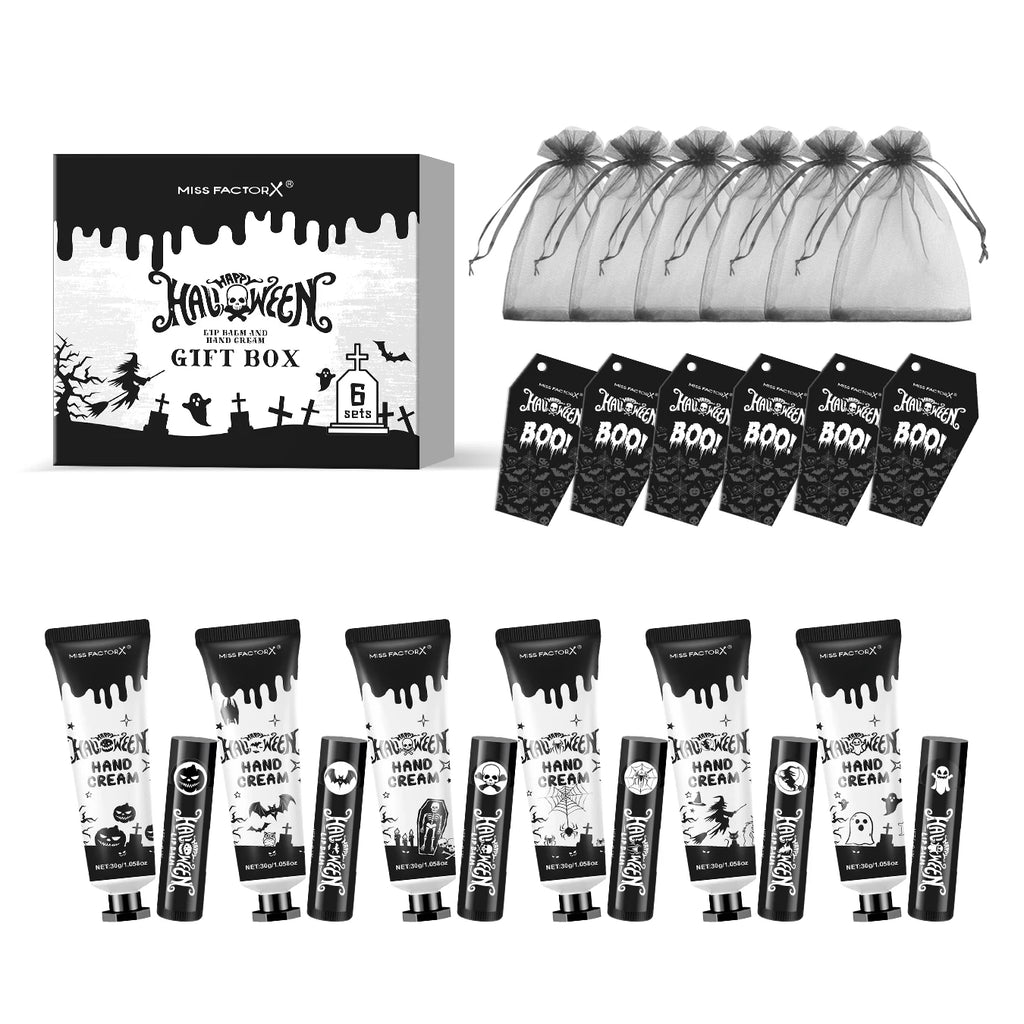 24PCS Halloween gift set (6 hand creams+6 lipstick) Each set includes a Halloween card and gift yarn bag Qme 6 sets gift sets