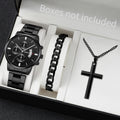 Classic Silver Tone Male Accessory Kit, Analog Chronograph Steel Band Watch with Thick Cuban Link Bracelet Cross Pendant Necklac Qme Black Set No Box