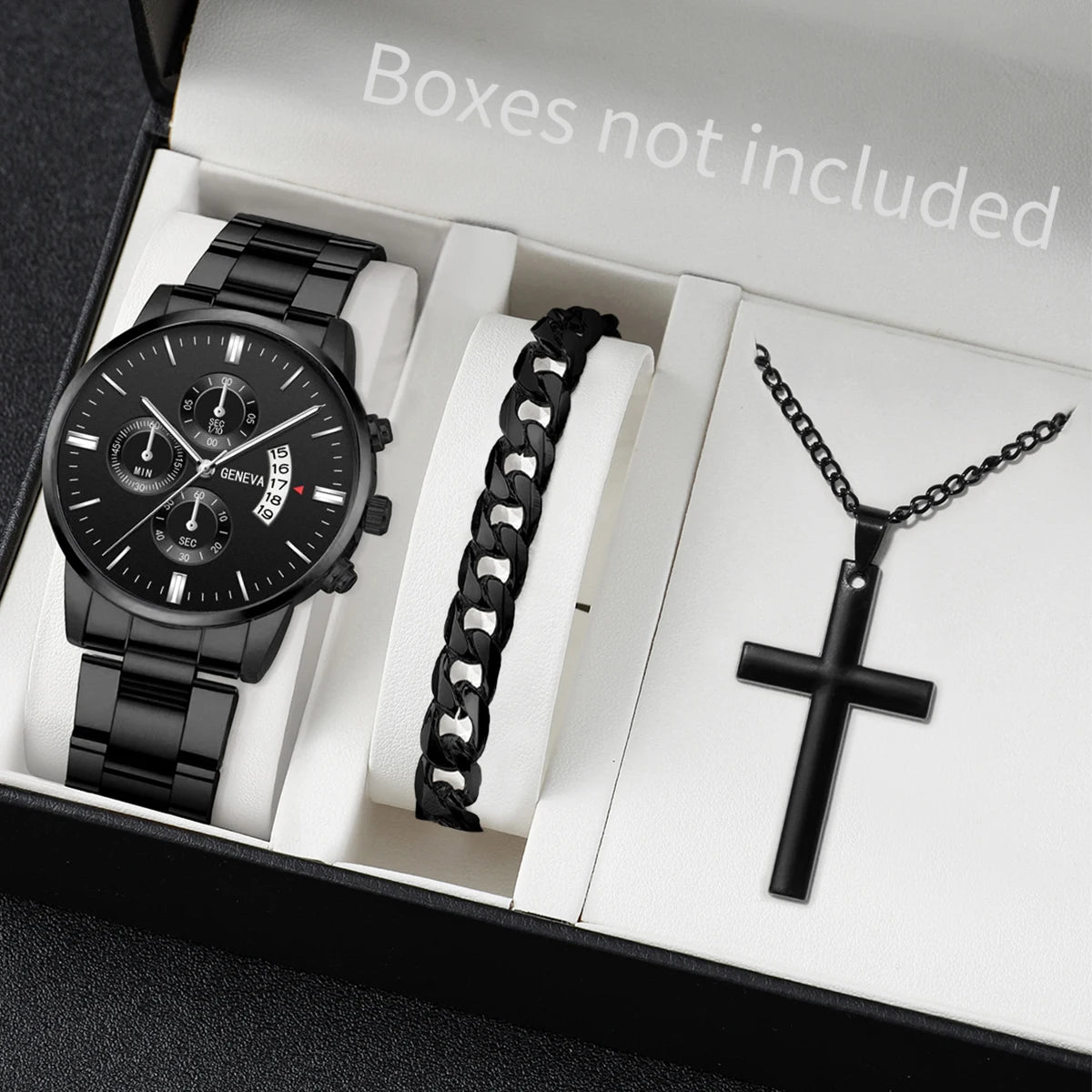 Classic Silver Tone Male Accessory Kit, Analog Chronograph Steel Band Watch with Thick Cuban Link Bracelet Cross Pendant Necklac Qme Black Set No Box