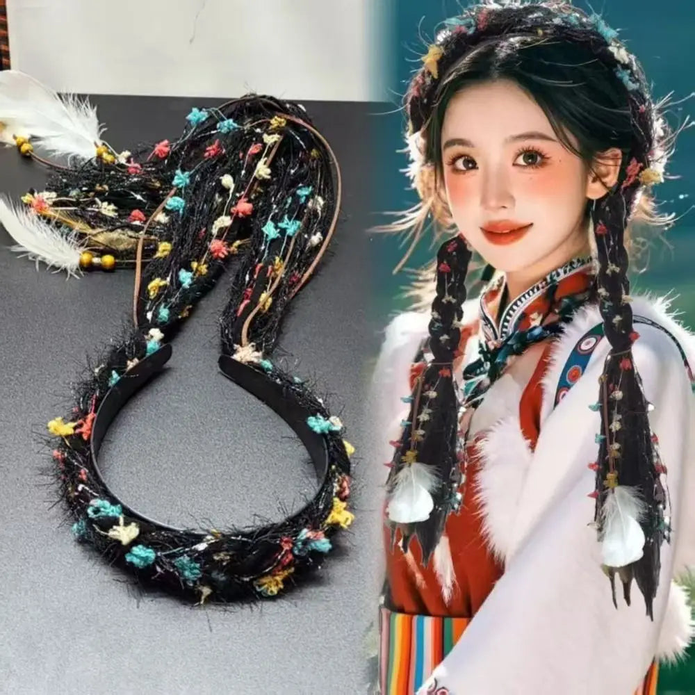 Boho Style Chinese Tibetan Hairband Colorful Ribbon Long Tassel Braid Hairband Candy Colored Weaving Ethnic Hair Hoop Qme