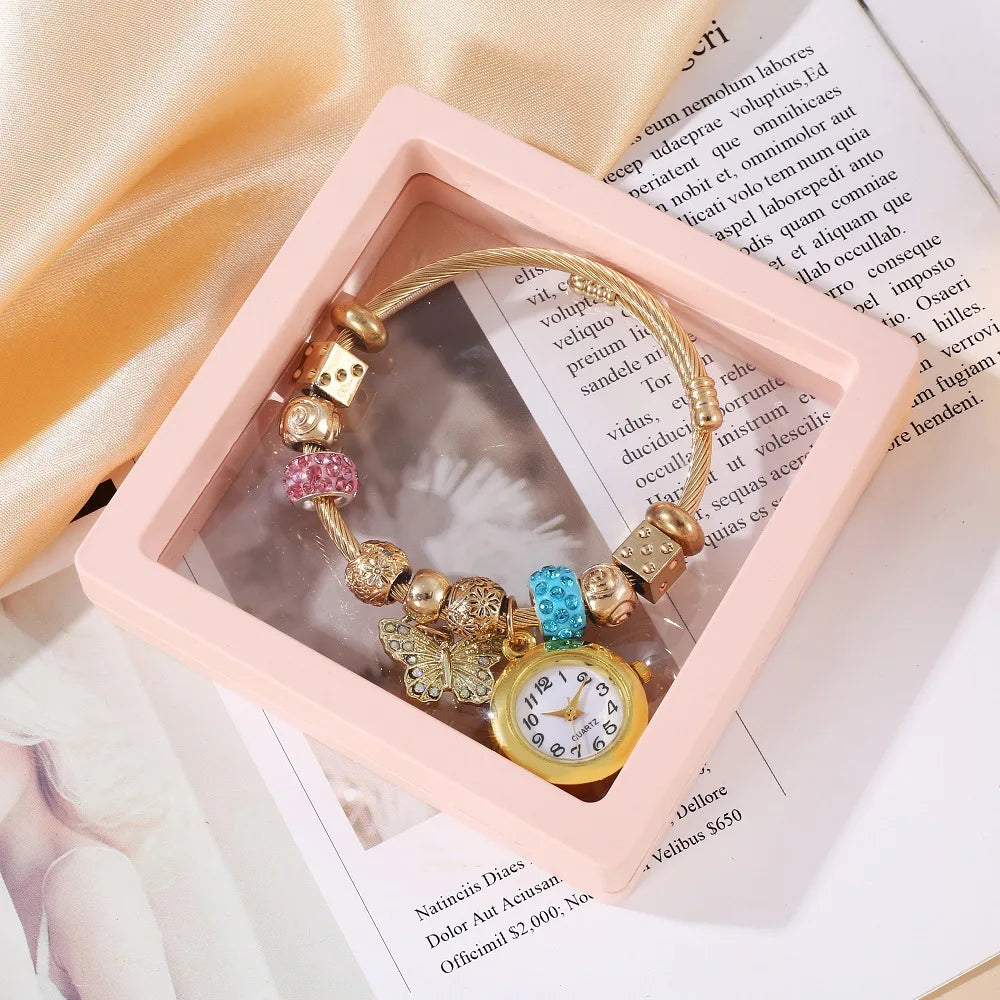 Golden Adjustable Opening Alloy Bracelet Quartz Bead Flower Pendant Couple Watch with Gift Box Qme