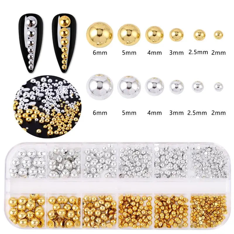 12Grids Mixed Semi-circular Pearl Gold Silver Nail Charms Decor Qme