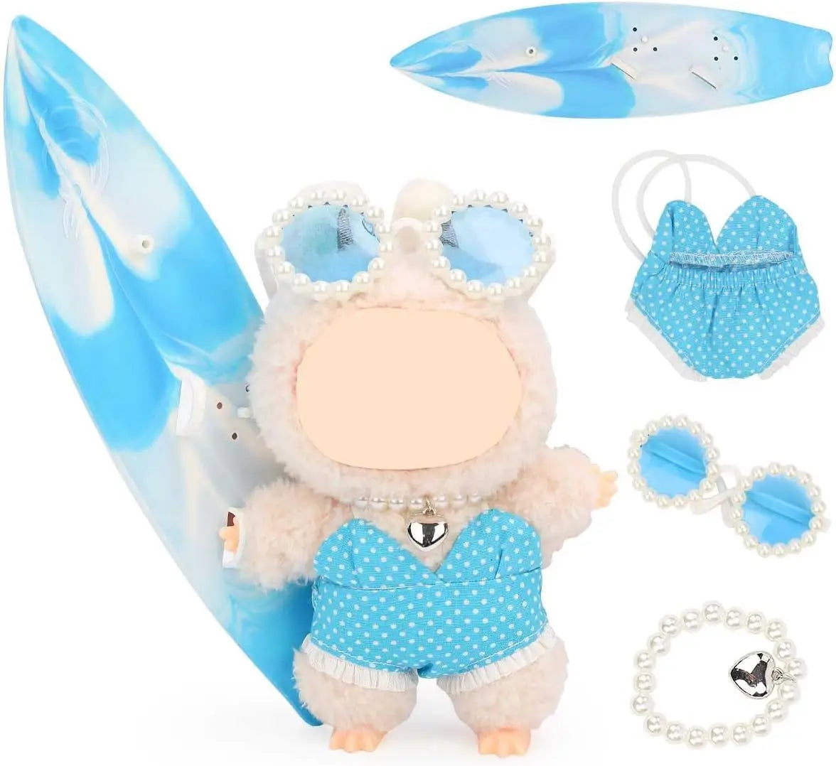 17cm Labubu 4-piece costume set (without dolls), fashionable summer beach costume set, doll costume accessories Qme Blue