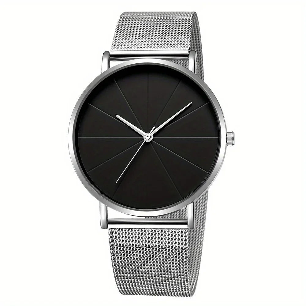 Casual Round Pointer Quartz Watch Large Geo Dial Analog Mesh Strap Wristwatch For Women Men Qme Rose No