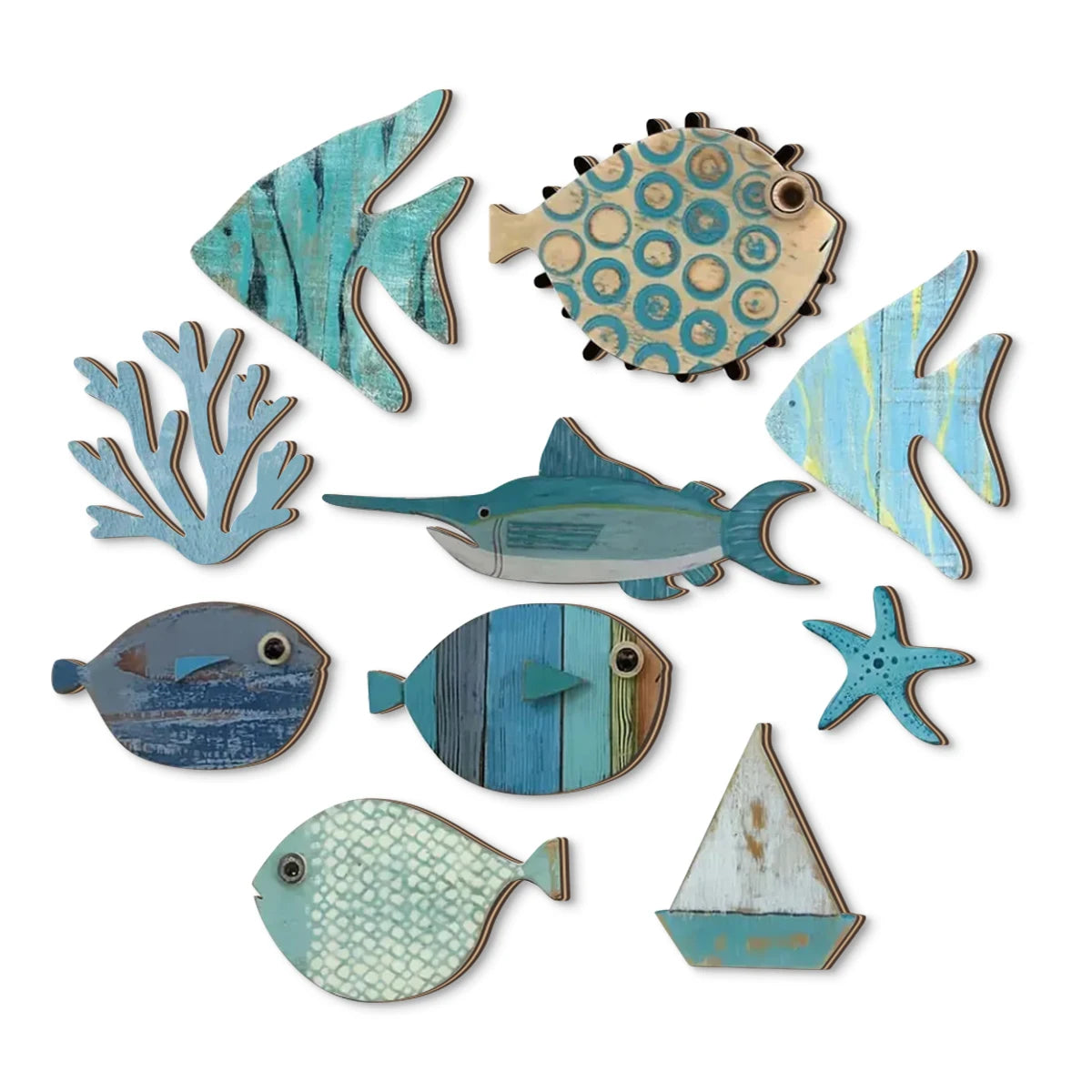 Handcrafted Wooden Ocean Wall Decor - Fish, Coral, Starfish & Sailboat Set for Home/Bathroom, Coastal Style Art Qme