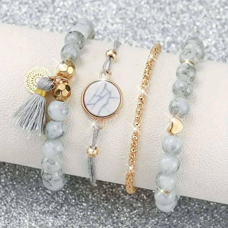 5pcs/Set Chic Women's Quartz Watch with Silicone Strap & Coordinating Marble-Pattern Bracelets Qme