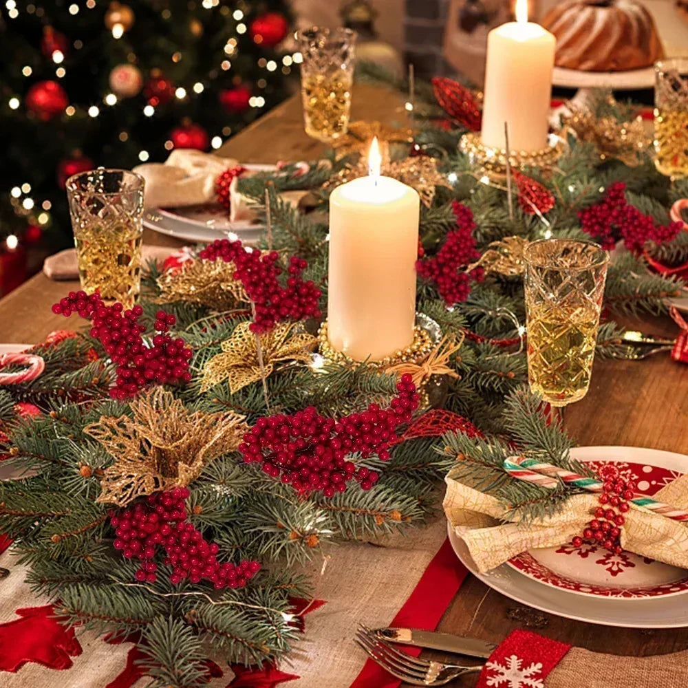 Christmas Artificial Red Berries Branch Fake Plants Flowers Holly Berry Stamen Wreath Ornaments for Xmas Tree Party Home Decor Qme