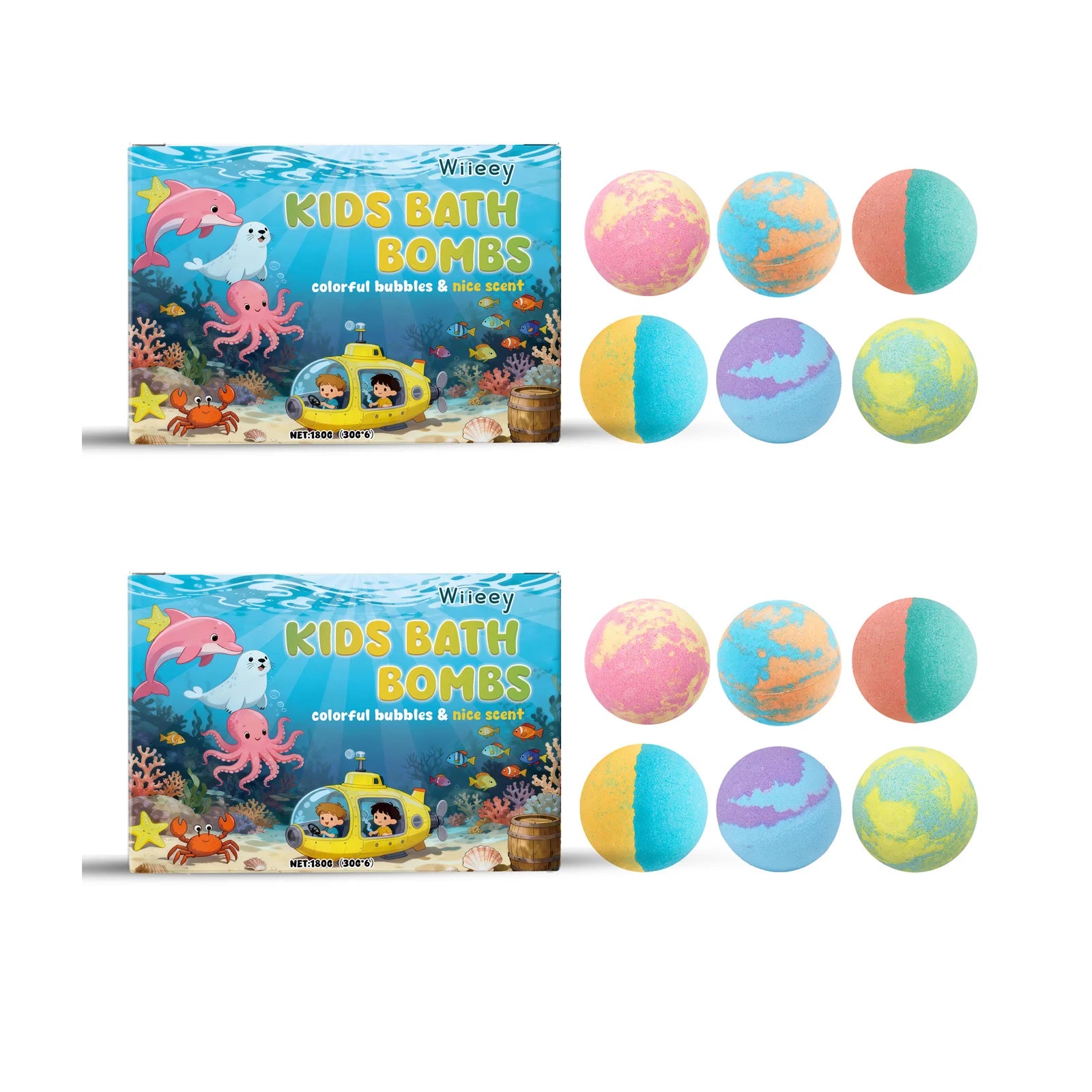 Wiieey Bath Balls for Kids Gentle Skin Cleansing Deep Hydration Calming Scent Infusion Rich Bubble Soothing Bath Bombs 180g Qme 2 x 203g Boxed