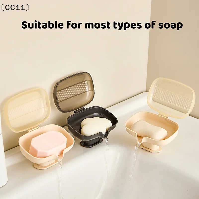 Sucker Soap Dish Holder Lid Self-draining Tray Case Portable Qme
