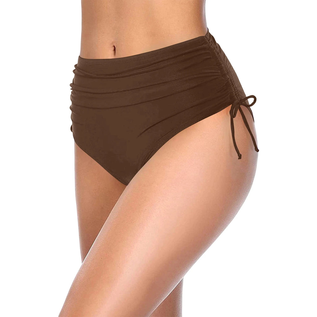 Basic Tight Swimming Bottoms for Female Solid Color High Waist Full Coverage Bikini Split Swimsuit Briefs Beach Drawstring Trunk Qme Brown XXL