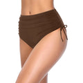 Basic Tight Swimming Bottoms for Female Solid Color High Waist Full Coverage Bikini Split Swimsuit Briefs Beach Drawstring Trunk Qme Brown XXL