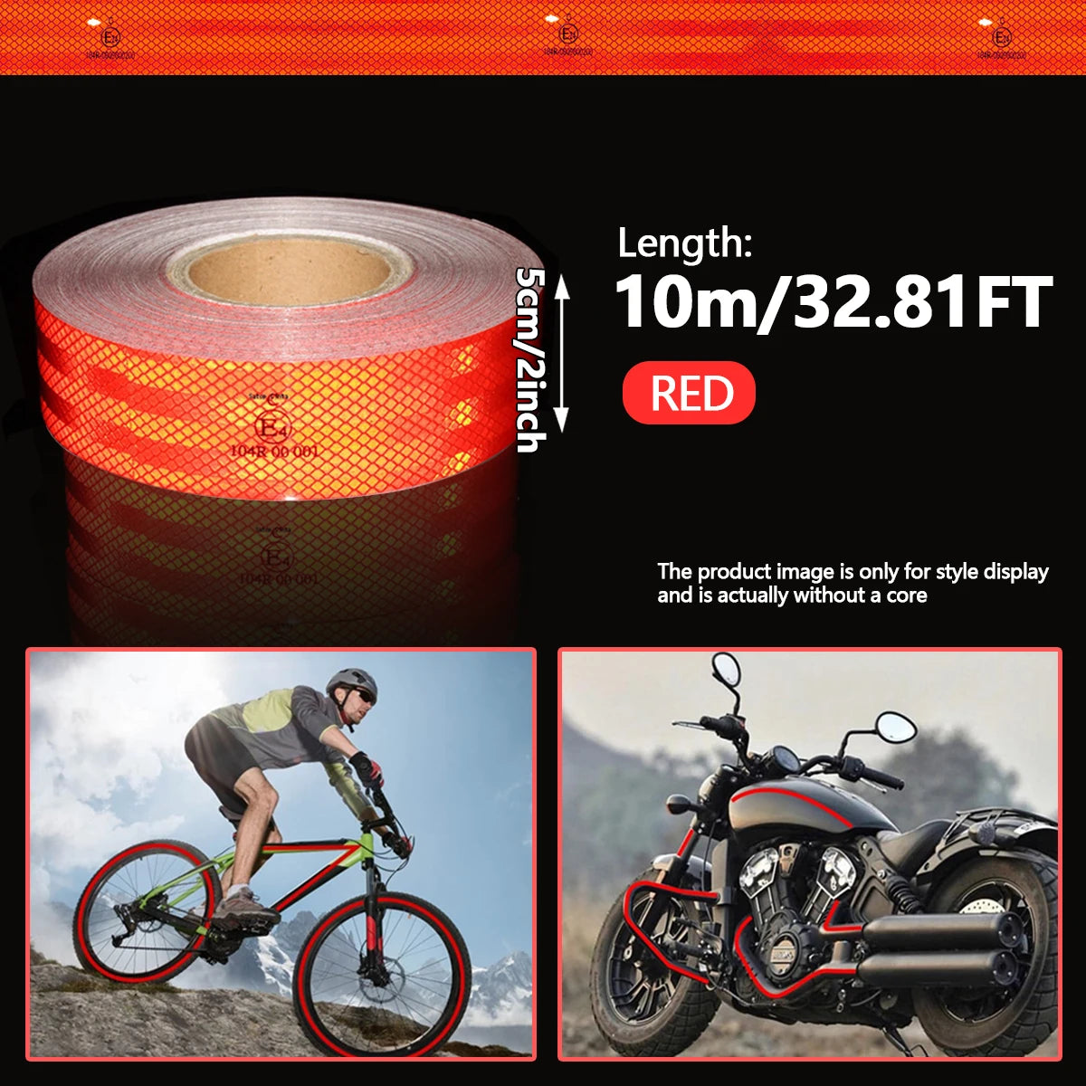 32.8FT 104R Reflective Safety Tape Reflective Tape Sticker Safety Mark Self-adhesive Warning Strip Retro-reflective Sheeting Qme Red 10m