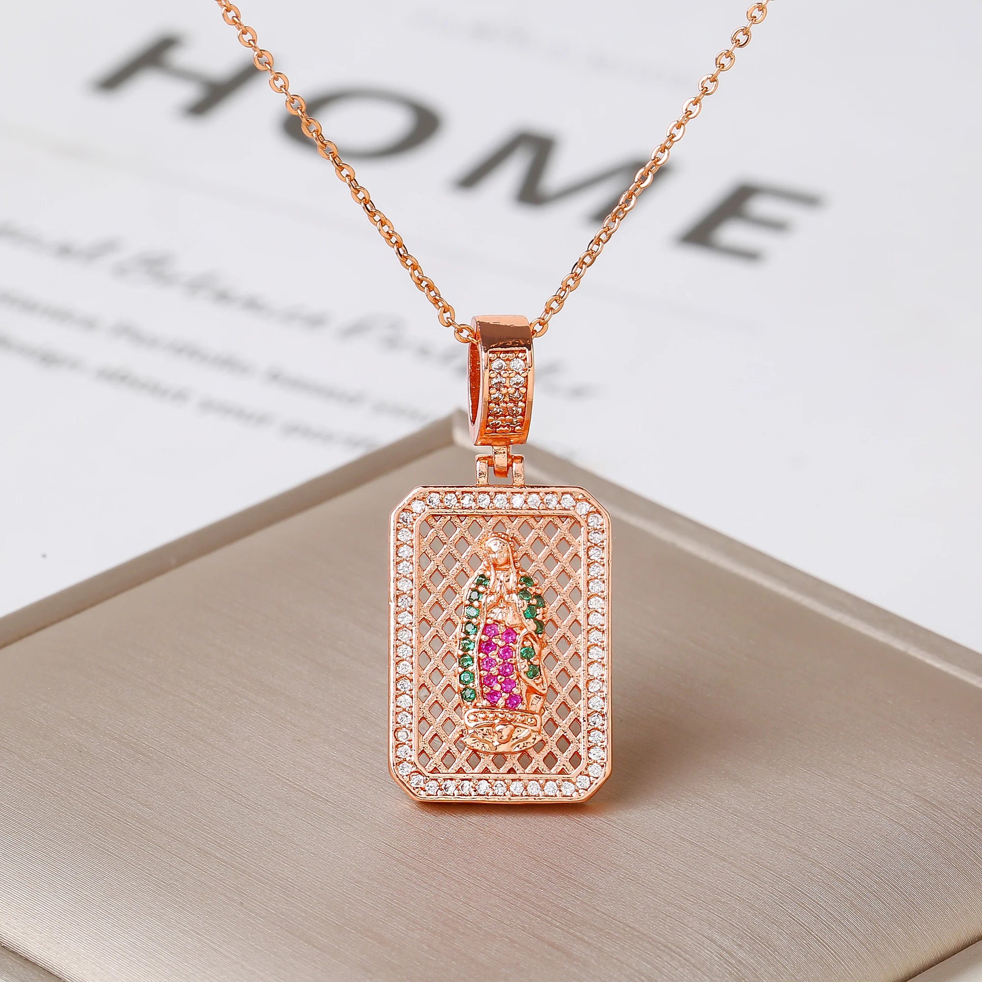 Square Hollow Virgen De Guadalupe Multicolor Zircon Pendant Necklace Catholic Religious Protection Jewelry For Women Daily Wear Qme 4