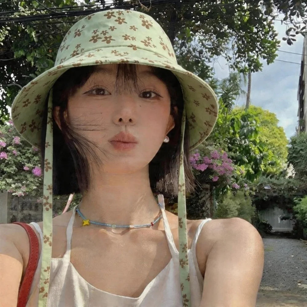 Cute Polyester Floral Print Bucket Hat Double Sided Adjustable Sun Hat Wide Brim Foldable Basin Cap Women Qme Green