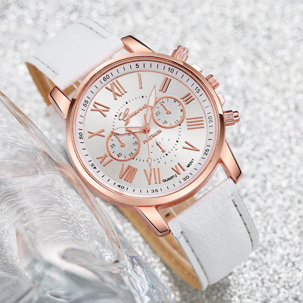 Rose Gold White Leather Ladies Watch Set Chronograph Clock Cubic Zirconia Bracelet Necklace Earrings Ring Jewelry Kit For Women Qme