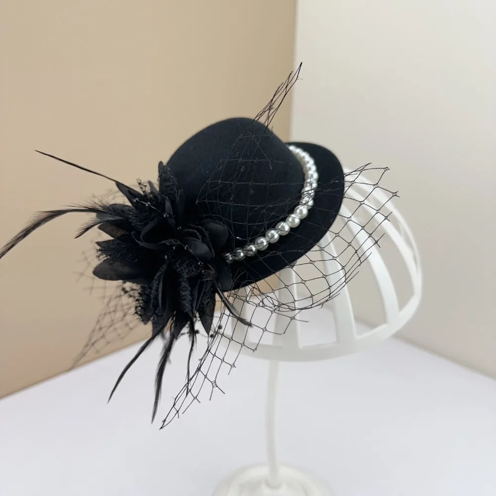 Retro Exquisite Vintage Fascinator Hat Elegant Flower Mesh Feather Qme Black