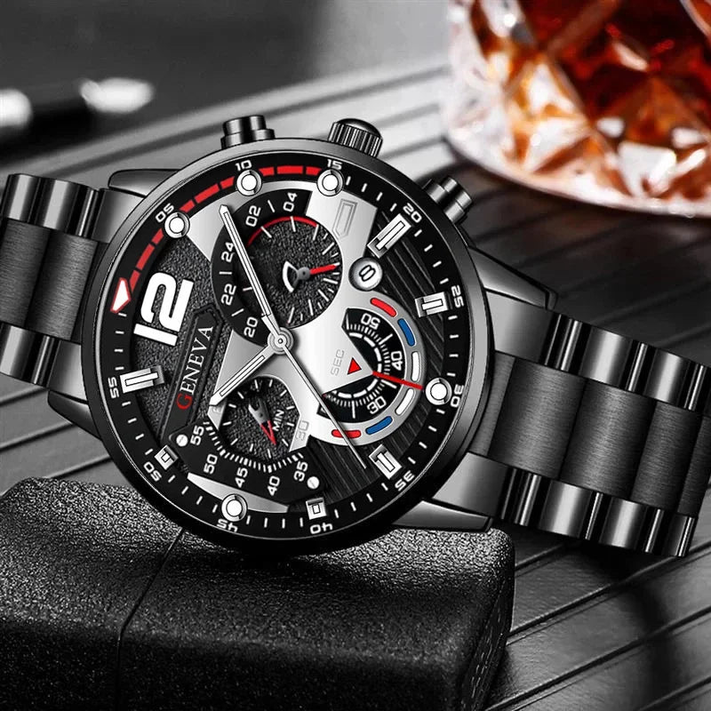 GENEVA Men's Creative Six-Pin Watch Alloy Steel Band Quartz Watch Men Watch New Luxury Men's Quartz WristWatch Qme