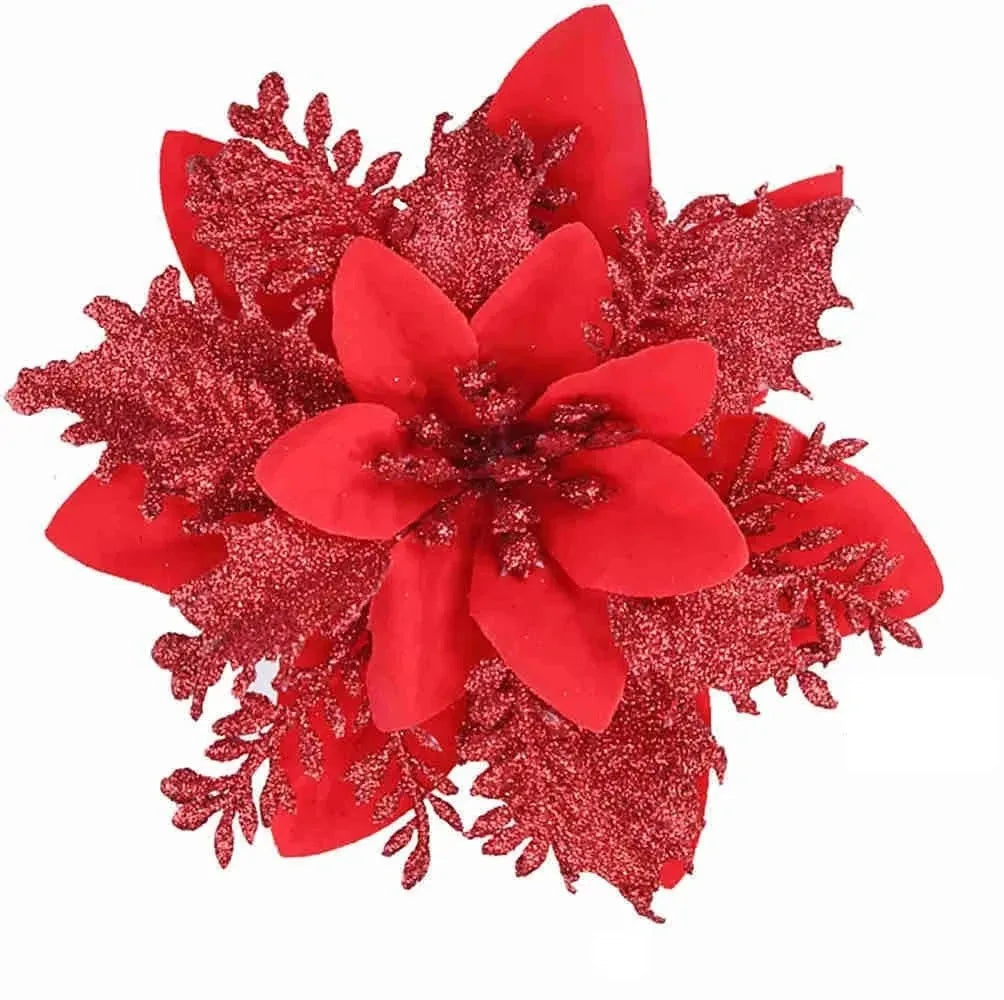 10pcs Glitter Christmas Artificial Flowers Christmas Tree Hanging Ornaments Fake Flower for Home 2025 Xmas New Year Navidad Gift Qme Red 10pcs
