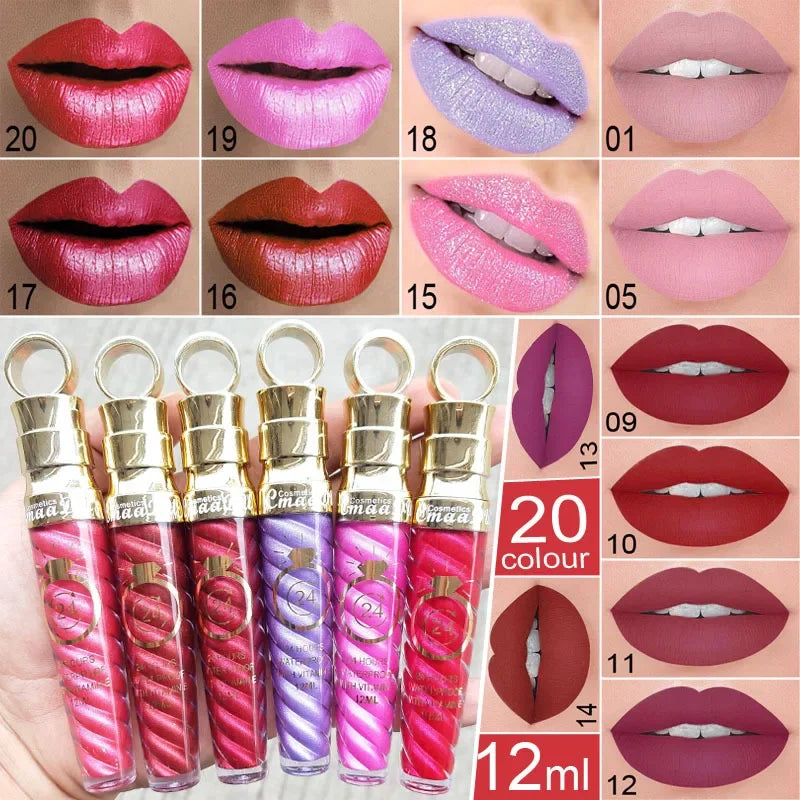 20 Colors Lipstick Waterproof Long Lasting Matte+Shimmer Mental Beauty Lip Gloss Nude Glitter Lip Gloss Beauty Red Lip Tint New Qme