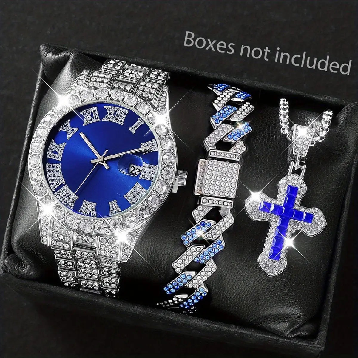 3/4 pcs Men's Luxury Stainless Steel Quartz Watch Gold Timer Wristwatch Necklace and Cross Pendant Qme Multicolor