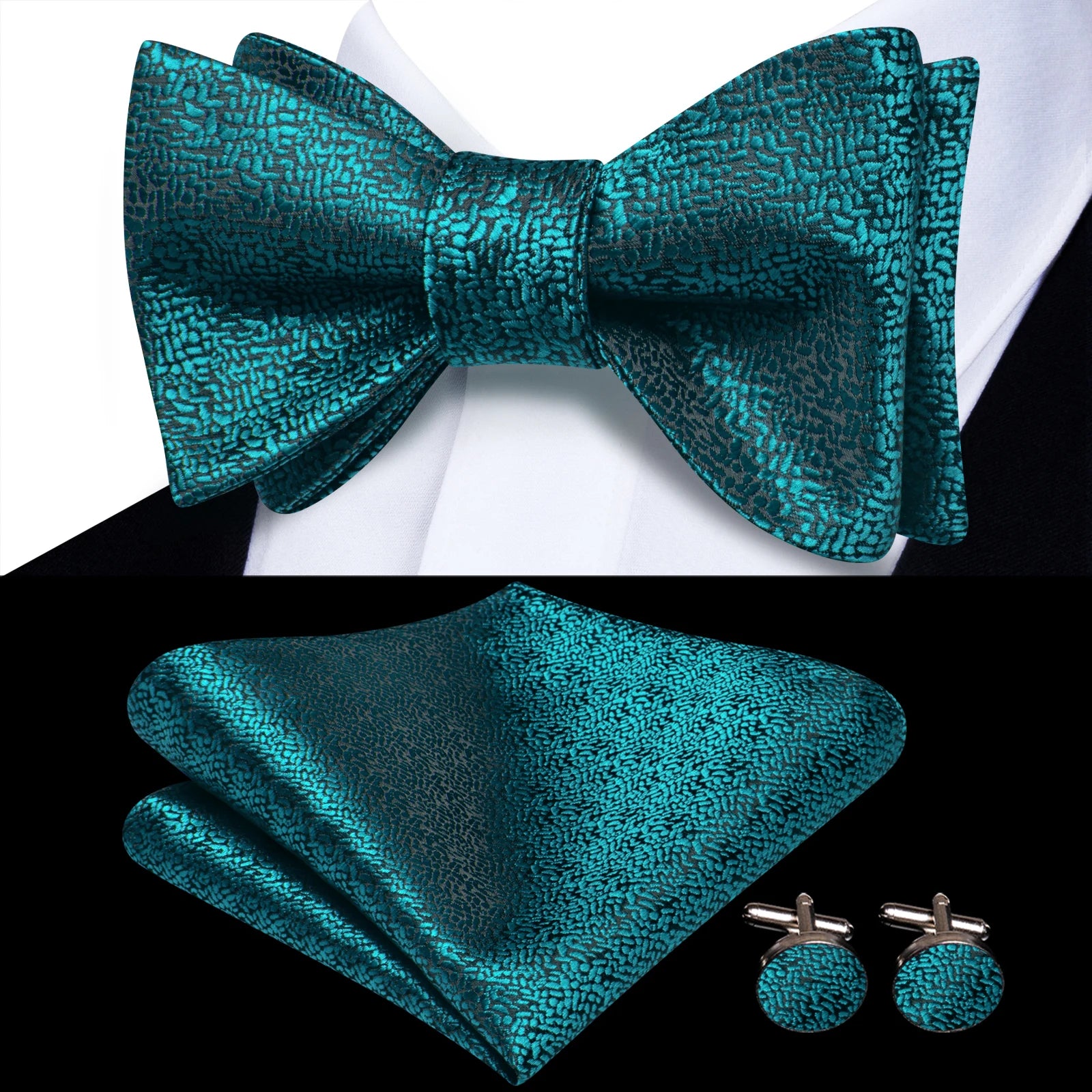Beige Champagne Gold Silk Mens Bow Tie Hanky Cufflinks Jacquard Qme HT-LH-2326