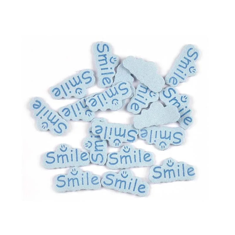 30pcs 14.5x29mm Smile Letter Embossed Leather Labels For Clothes Sewing Accessories DIY Bag Kid Garment Craft Handmade Tag C3707 Qme 3