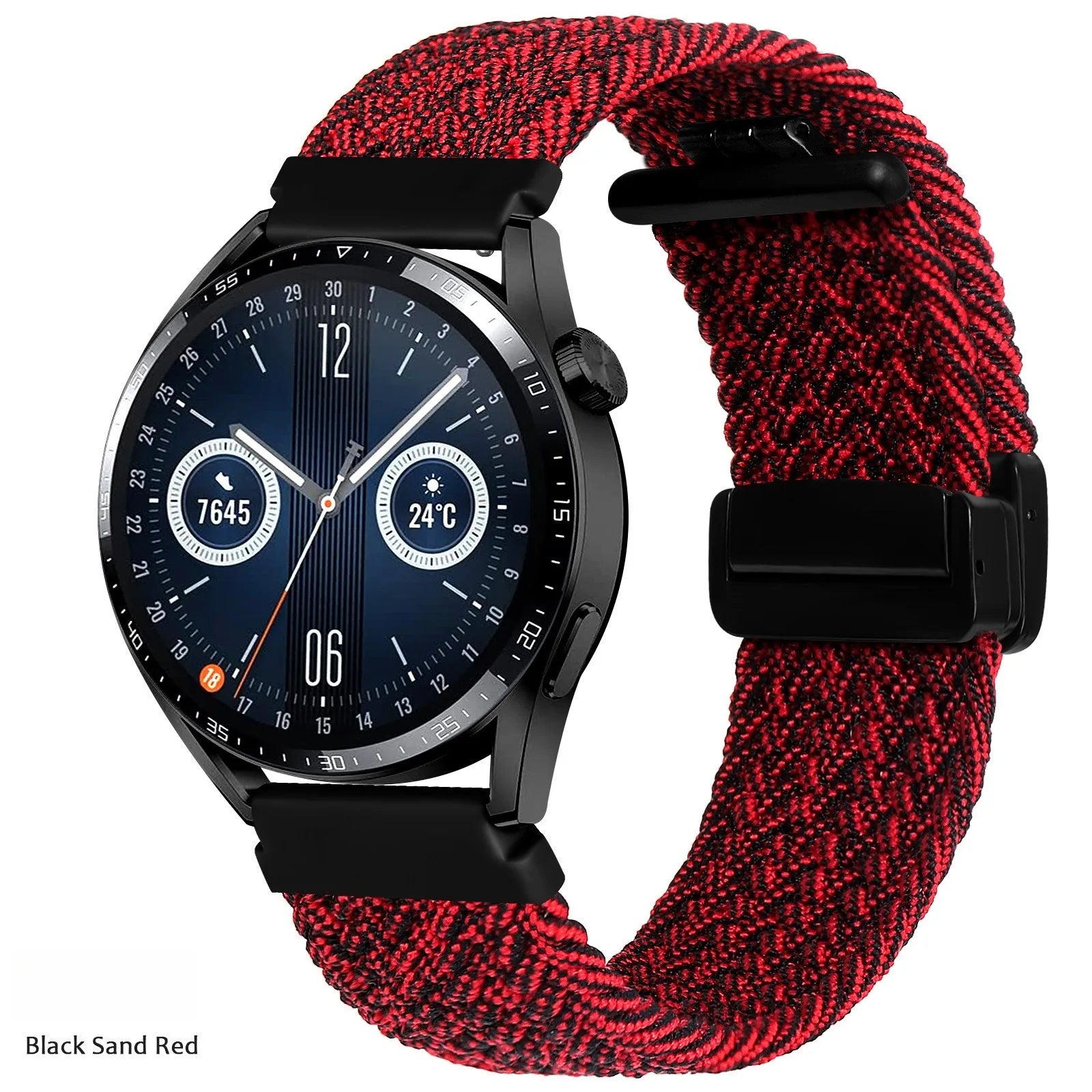 A Adjustable Nylon Braided Watch Strap with Folding Buckle Magnetic Wristband for Samsung Watch 5 6 7 Huawei GT5 GT6 Qme Black sand red 20mm