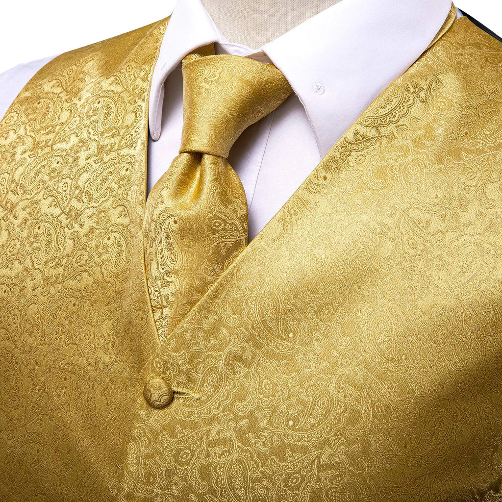 Hi-tie Luxury Gold Mens Vest Silk Tie Hanky Cufflinks Jacquard Floral Qme