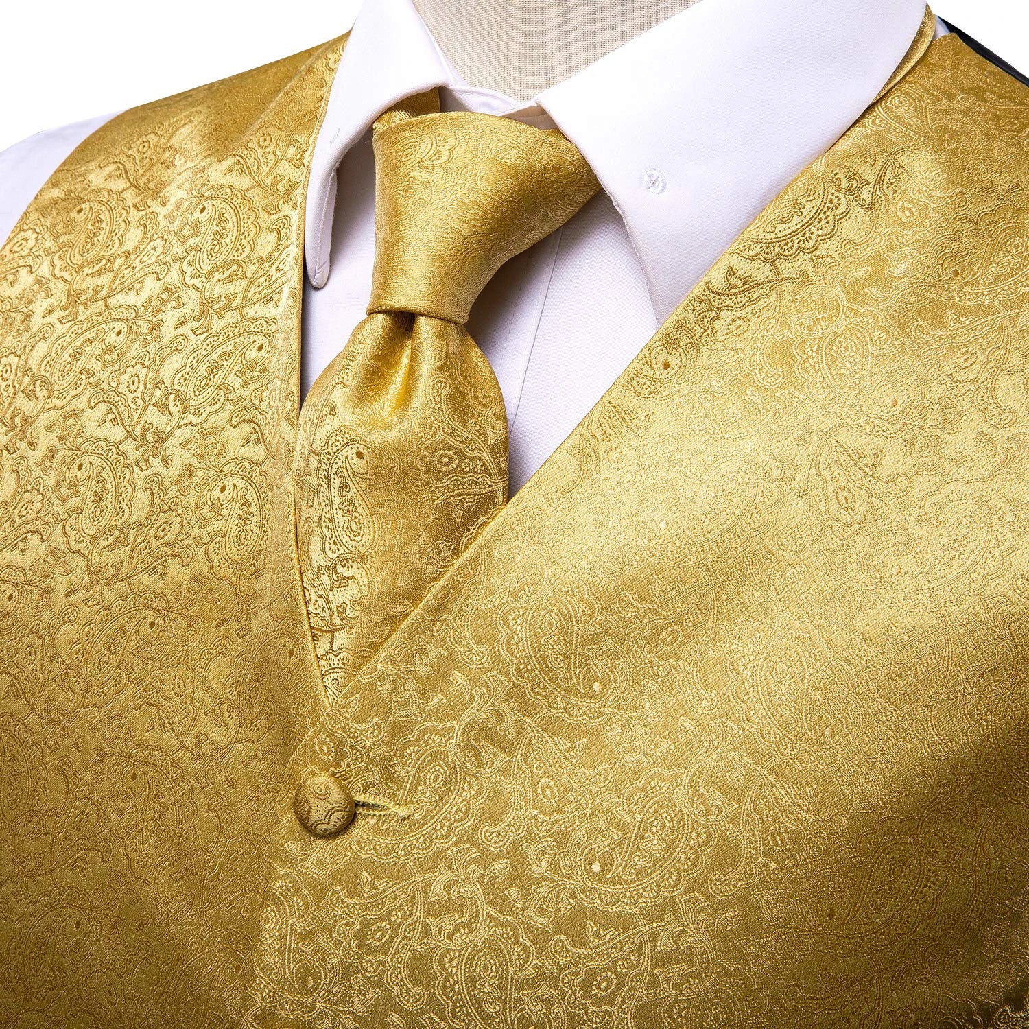 Hi-tie Luxury Gold Mens Vest Silk Tie Hanky Cufflinks Jacquard Floral Qme