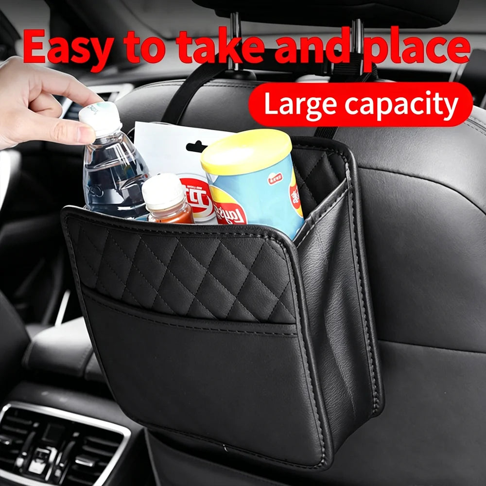 Multi-Purpose Leather Car Seat Back Storage Bag Includes Garbage Can & Trash Bag Holder Fits Most Vehicle Models Qme